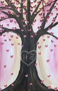 a painting of a tree with hearts on it