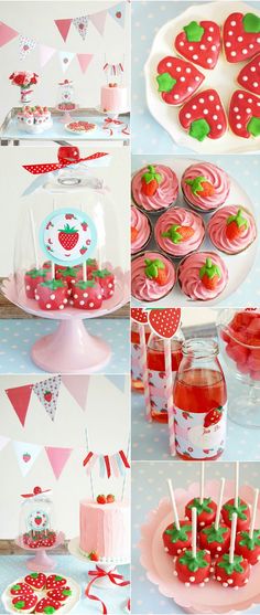 strawberry shortcakes and cupcakes are displayed on plates, cups, and desserts