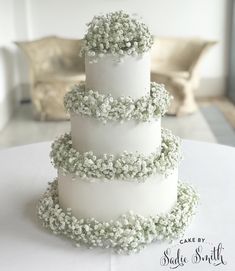 a three tiered white wedding cake with baby's breath flowers