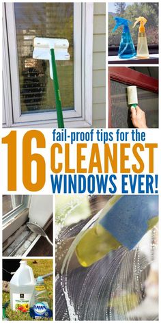 collage of cleaning products and windows with text overlay that reads 16 fall - proof tips for the cleanest windows ever