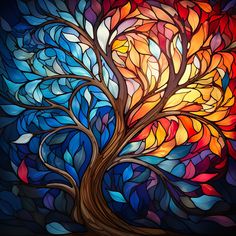 a stained glass tree with colorful leaves