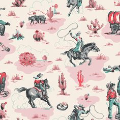 an image of a cowboy on horseback in the desert with other wild animals and cactuses