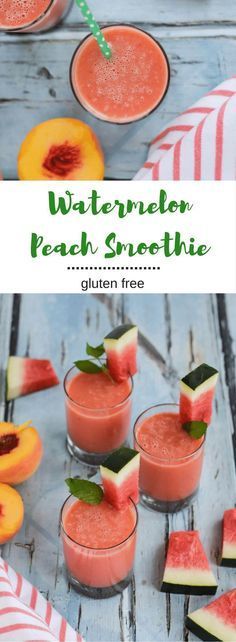 watermelon peach smoothie in glasses with slices of watermelon on the side