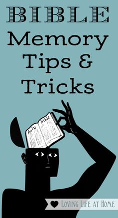 a poster with the words bible memory tips and tricks in black on a blue background