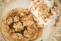 an apple crisp and ice cream dessert on a plate