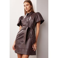 Brown faux leather (100% Polyurethane. Shirt dress. Short sleeves. Collar. Front button closure. 35" from shoulder to hemline. Imported. Chic Brown Faux Leather Dress, Brown Fitted Faux Leather Dress, Faux Leather Pleated Shirt Dress, Chic Mini-length Faux Leather Dress, Chic Faux Leather Button-up Dress, Faux Leather Dress, Puffed Sleeves Dress, Leather Dress, Closet Designs