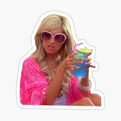 a woman in sunglasses holding a drink and pointing at it with her finger sticker