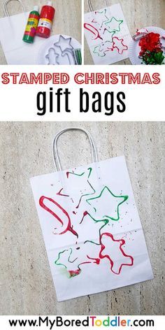 christmas gift bags made out of paper with the words stamped christmas gifts on them