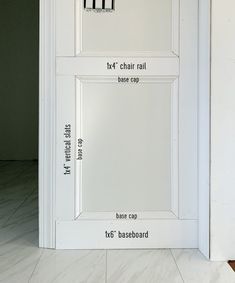 a white door with measurements for the top and bottom panels on it's side