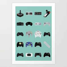 a bunch of video game controllers on a blue background