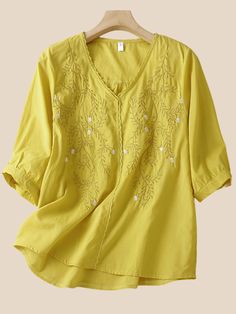 Women's Cotton Linen Blouse V-Neck Embroidery Floral Pattern Mid Sleeve Light Weight Top Spring V-neck Blouse With Chikankari Embroidery, Spring Floral Embroidered V-neck Top, Summer V-neck Blouse With Chikankari Embroidery, Spring V-neck Chikankari Embroidered Top, Bohemian V-neck Embroidered Top With Chikankari, Bohemian V-neck Chikankari Embroidered Top, Bohemian Embroidered Top With Chikankari And V-neck, Bohemian Chikankari Embroidered V-neck Top, Spring V-neck Top With Floral Embroidery