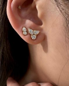 Floral-inspired diamond cluster studs handcrafted in 18k gold with a 1.14 tcw. Paired with the Posey Piercing Stud I. Piercing Stud, Cluster Earring, Gold Chain With Pendant, Diamond Chain, Eternity Wedding Band, Band Engagement Ring, Pear Shaped Diamond, Cluster Earrings, Gold Wedding Band