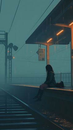 a person sitting on a train platform in the fog