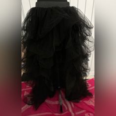 Women’s Layered Black Tulle Skirt Shorter In Front Draping To Long In Back. Nwt Size Large Black Tulle Bottoms For Night Out, Black Tiered Tulle Skirt, Black Ruffled Party Skirt, Black Tiered Skirt For Party, Black Ruffled Skirt For Party, Party Black Ruffled Skirt, Black Tulle Skirt For Night Out, Black Ruffled Evening Bottoms, Black Flowy Skirt With Attached Cancan