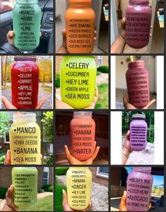 many different types of jars with words on them in various colors and sizes, all labeled