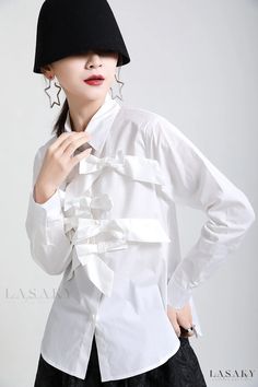 Lasaky - Exquisite Detailing Design with Bow-tie Patchwork Blouse Elegant White Shirt With Bow Detail, Spring Office Blouse With Bow Tie, Elegant White Tops With Ribbon, Elegant White Top With Ribbon, White Tie Neck Shirt For Spring, Spring White Tie-neck Shirt, Bow Blouse Outfit, Patchwork Shirt, Patch Work Blouse