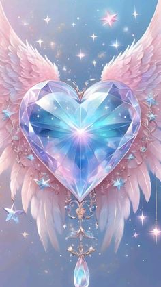 an angel heart with wings and jewels in the center is surrounded by stars on a blue background