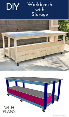 the diy workbench with storage is shown in two different colors and sizes