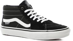 The Vans Skate Sk8-Mid is a mid top version of the Vans Sk8-Hi. This shoe worn frequently by iconic skateboarder Jeff Grosso (R.I.P.) belongs in Vans's new line of "Skate Classics." These are the most iconic skate shoes created by Vans but revamped to fit the needs of modern day skateboarding. These shoes integrate tongue straps for a snug fit, DURACAP underlay for durability, SickStick a rubber compound used to make a grippy outsole, and internal heel shanks to deliver more board feel in order to create a classic yet modern skate shoe. Urban Mid-top Skate Shoes With White Sole, Black High-top Sneakers With Gum Sole For Skateboarding, Casual Mid-top Skate Shoes For Skateboarding, Vans Urban Mid-top Skate Shoes, Urban Mid-top Vans Skate Shoes, Black Casual High-top Sneakers For Skateboarding, Casual Black High-top Sneakers For Skateboarding, Vans Urban High-top Skate Shoes, Urban Vans High-top Skate Shoes