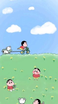 cartoon characters are playing in the grass with sheeps and other small animals on top of a hill