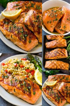 four different pictures of salmon and asparagus on plates