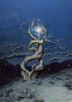 a painting of a tree with a star in the middle of it's branches