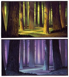 two pictures of trees in the woods with purple and green light coming from them,