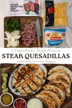 steak quesadillas on a cutting board with ingredients for the recipe in front