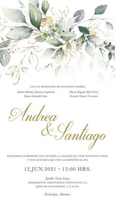 an elegant wedding card with watercolor leaves and greenery on the front, in gold foil