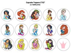 disney princesses cupcake toppers are shown in different sizes and colors, with the names