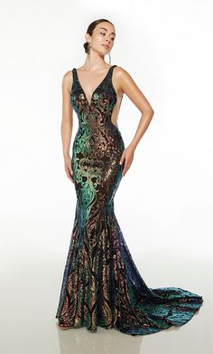 Alyce Paris 61596 Plunging v-neckline evening gown with sheer mesh sides, with a low open back, and sequined pattern. Classic Gown, Sequined Fabric, Alyce Paris, Dragon Scale, Strapless Gown, Mermaid Silhouette, Mermaid Evening Dresses, Feminine Look, Spring 2024