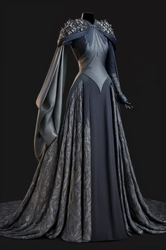 Aquarius zodiac sign inspired gown Fantasy Evening Gown, Winter Court Dress, Asgardian Clothing, Necromancer Dress, Fantasy Inspired Fashion, Fantasy Dress Ideas, Dress With Armor, Night Court Dress, Dark Fantasy Dress