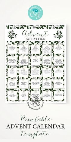 the printable calendar is shown with green leaves on it and an ornate design in white