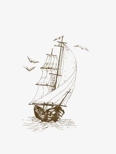 a drawing of a sailboat in the ocean with seagulls flying around it