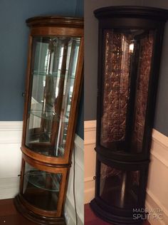 two different types of glass and wood display cases side by side, one with an armoire in the middle