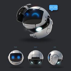 an image of a robot with glowing eyes and headgear in various positions, including the