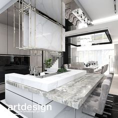 a modern kitchen with marble counter tops and white cabinets