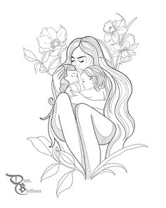 a drawing of a woman holding a baby in her arms with flowers on the side