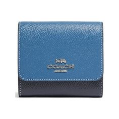 Crossgrain leather Two credit card slots Full-length bill compartment ID window Zip coin pocket Snap closure Outside open pocket 4 1/4" (L) x 4" (H) Size: small.  Color: Blue.  Gender: female.  Age Group: adult. Compact Coach Wallet, Coach Bifold Coin Purse With Card Slots, Compact Coach Trifold Wallet With Card Slots, Coach Trifold Wallet With Card Slots, Classic Blue Trifold Wallet, Blue Coin Purse With Interior Card Slots, Compact Blue Wallets For Daily Use, Coach Rectangular Trifold Wallet With Coin Pocket, Elegant Blue Wallet With Coin Pocket