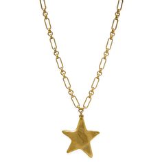 Add a touch of vintage charm to any outfit with our Luminary Star necklace. The large antique gold star is the perfect statement piece, making you the star wherever you go. Its unique chain adds extra character to this must-have accessory. Shine bright with our Luminary Star necklace. 25” inch length Antique gold plated Pewter: keep clean with a soft polishing cloth Not water proof Not sold as a set Please allow 7 business days for this item to ship Gold Brass Necklace With Star Charm, Gold Star-shaped Necklace With Chain, Unique Clothing Pieces, Cute Gold Necklace, Herringbone Necklace, 2024 Style, Solid Gold Earrings, Pearl Collection, Gold Filled Ring