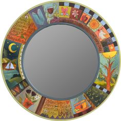 a round mirror with many different designs on the front and sides, painted in multicolors