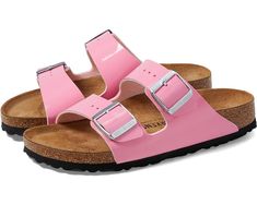 Birkenstock Arizona Patent Adjustable Double Strap Casual Slides, Casual Adjustable Double Strap Slides, Outdoor Pink Slides With Cushioned Footbed, Comfortable Pink Footbed Sandals With Textured Footbed, Comfortable Pink Footbed Sandals With Textured Sole, Pink Slides For Outdoor Summer Activities, Comfortable Pink Textured Footbed Sandals, Spring Outdoor Slides With Round Toe, Casual Adjustable Slides With Leather Footbed