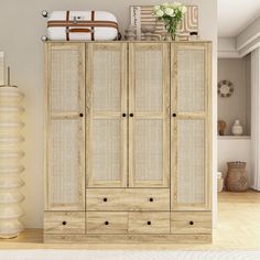 a large wooden cabinet sitting in the middle of a living room