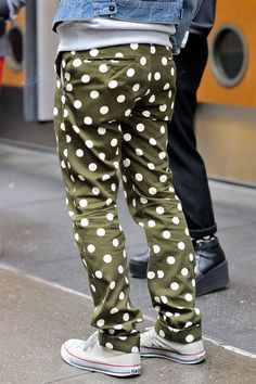 Polka Dot Pants, Fun Pants, Green Polka Dot, Blue Denim Jacket, Pants For Men, Nixon, Style Tips, Well Dressed, Look Cool