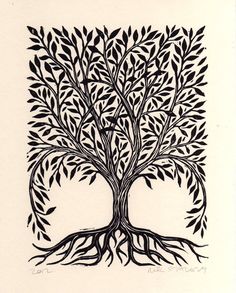 a black and white drawing of a tree with roots