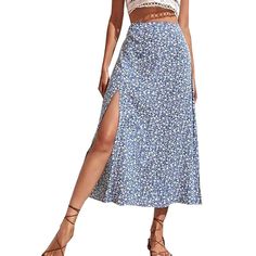 Women's Boho Floral Print Side Split High Waist Swing Long Midi Skirt Nwt Size: Medium Color: Light Blue Non-stretch Split Skirt In Casual Style, Casual Non-stretch Split Skirt, Lined Maxi Skirt For Vacation, Trendy Non-stretch Skirt For Vacation, Non-stretch Midi Skirt For Vacation, Trendy Lined Maxi Skirt For Vacation, Casual Split Skirt For Spring, Non-stretch Skirt For Vacation, Non-stretch Vacation Skirt