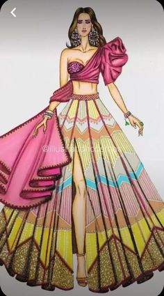 a drawing of a woman in a colorful dress