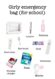 the contents of a girl emergency bag for school are shown in this graphic above it's caption