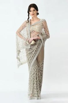 Shop for mehar Beige Net Flower Motif Hand Embroidered Saree for Women Online at Aza Fashions Beige Saree, Saree Women, Net Embroidery, Sequin Saree, Sequin Flower, Saree For Women, Embroidered Saree, Net Saree, Pattern Embroidery