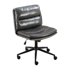 a black leather office chair with wheels on an isolated white background